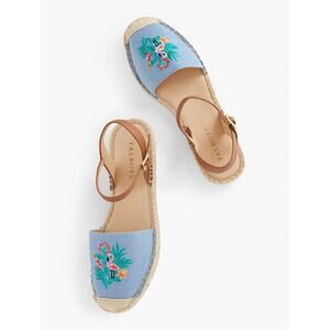 Talbots Womens 8 Blue Izzy D’Orsay Embroidered Chambray Espadrille Sandals NEW